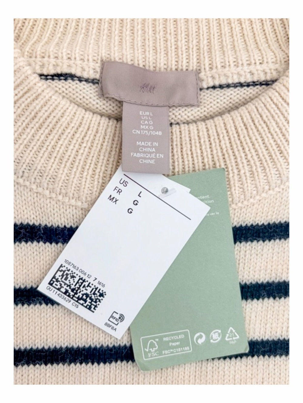 NWT H&M Striped Crewneck Sweater Size L Cream Navy Blue Knit - Picture 2 of 8